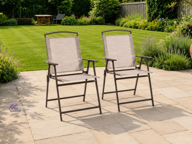 Lot 56-637264 - New Opened Box - Beige Textilene Fabric Metal Folding Chair (Set of 2)