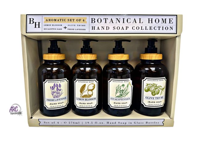 Lot 56-313750 - Out of box small amount missing from 2 bottles (see photos) - Botanical Home Hand Soap Collection, a...