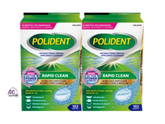 Lot 56-459361 - New in Box - 102 Count, 2-Pack - Polident Rapid Clean Dental Appliance Cleanser Tablets