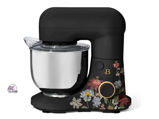 Lot 56-641351 - New - Beautiful 3.5 Qt Stand Mixer with Flat Beater, Dough Hook, Balloon Whisk, Wildflower Black Ses...