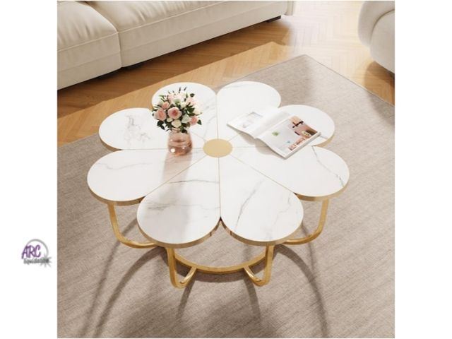 Lot 56-786564 - New in box. No instructions. Allan 39.37 in. White &amp; Gold Round Wood Coffee Table, Flower Shaped...