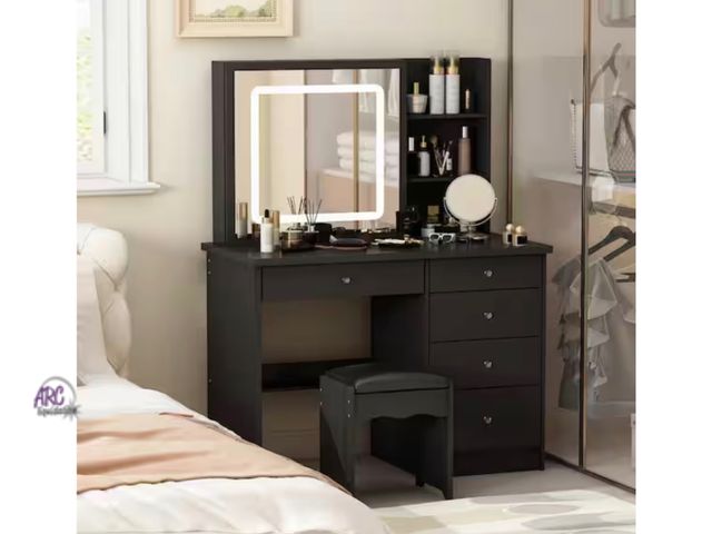 Lot 56-662740 - New has slight damage on panel see in photos - FUFU&amp;GAGA 5-Drawers Black Wood LED Push-Pull Mirr...