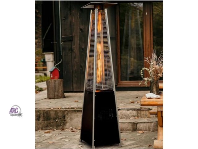 Lot 56-283851 - New in box. 48,000 BTU Steel Propane Standing Pyramid Patio Heater with Wheels