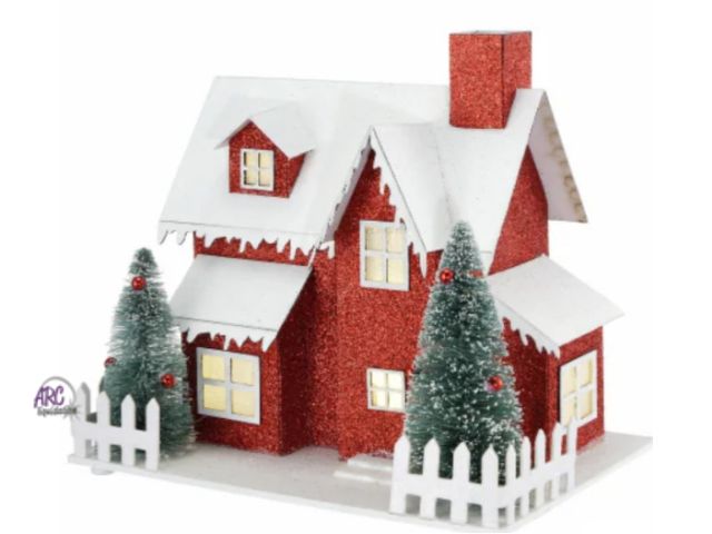 Lot 56-717630 - New Holiday Home 8in Paper House Red with Trees. Lights up.