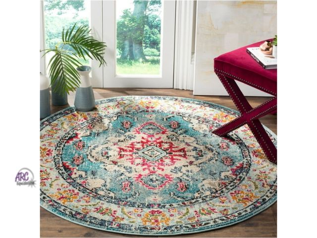 Lot 56-763851 - New wSAFAVIEH Round Rug 3' - Monaco Collection - Traditional Design, Light Blue &amp; Fuchsia