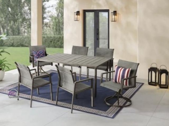Lot 56-790365 - New in box. Retail $499. Hampton bay Westgrove 7-Peice Metal Sling Outdoor Dining Set