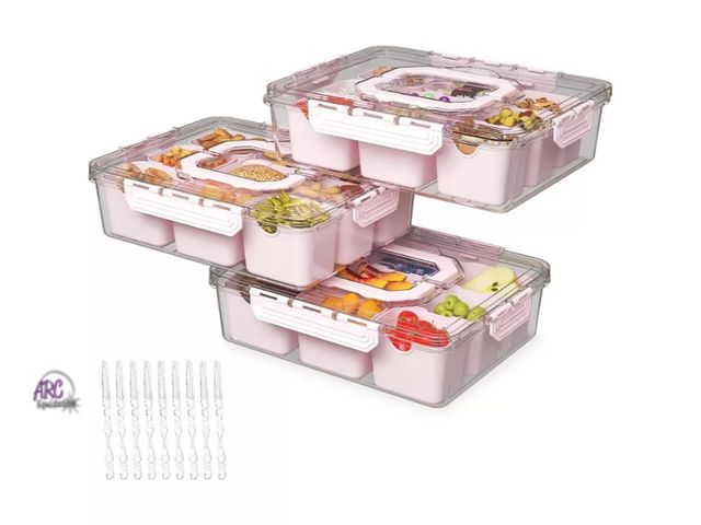 Lot 56-712627 - New 3 Snackle Box Containers with Portable 9-Compartment per Snack Box with Lid &amp; Handle, Clear ...
