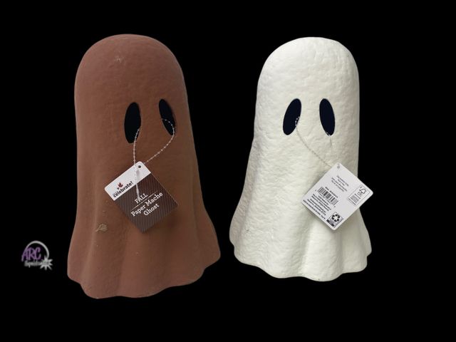 Lot 56-611124 - Lot of 2 Paper Mache Ghosts. 11” tall. One white, one brown. One has a small scuff (see pic).
