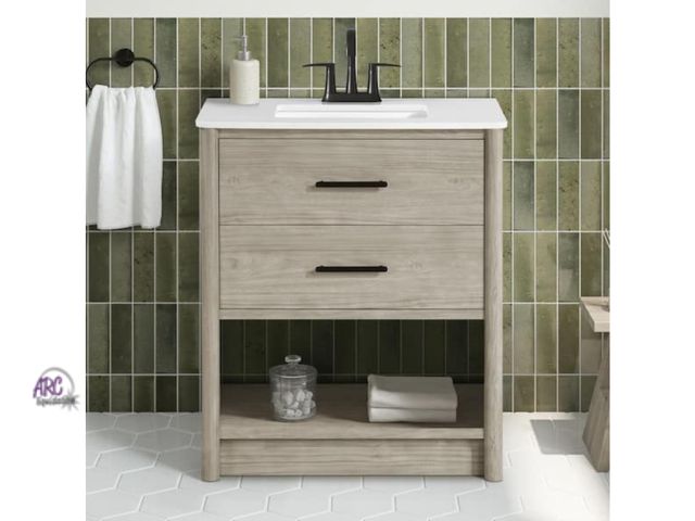Lot 56-692346 - New - Glacier Bay Camley 30 in. Single Sink Sandstorm Bath Vanity with White Engineered Stone Top