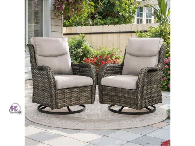 Lot 56-706967 - New in box. Smiley 2-Piece Outdoor Rocking Chairs Gray PE Wicker Patio Swivel Glider with Olefin 5 i...