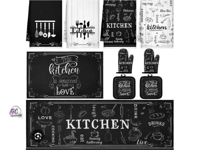 Lot 56-528640 - NEW-10 piece kitchen set, includes pot holders, towels, and floor mats