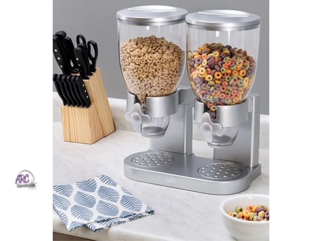 Lot 56-224718 - POSSIBLE USE (minor scuffs and crack see photos) Dry Food Dispenser, Dual Control, Silver