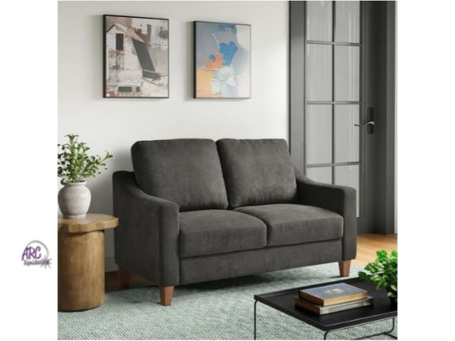 Lot 56-718845 - New in box. Serta Ashton 51.97 Square Arm Woven Polyester Rectangle Sofa in Dark Grey. Comes in 2 bo...