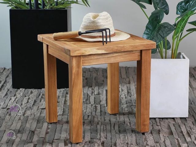 Lot 56-752098 - New in box. Deco 79 Teak Wood Slatted Outdoor Accent Table, 19" x 18" x 18", Brown