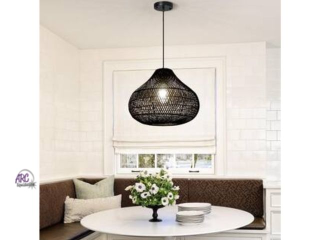 Lot 56-277051 - New in box 1-Light Black Rattan Large Boho Hand Woven Coastal Wicker Pendant Light Fixture for Dinin...