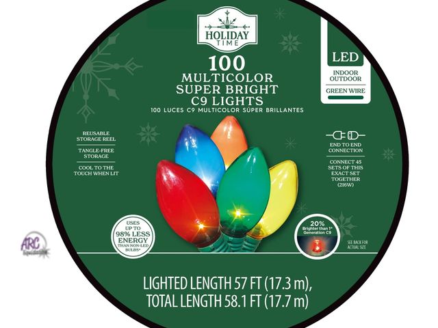Lot 56-615630 - New tested and works - Holiday Time 100-Count Multicolor LED Smooth C9 Christmas Lights