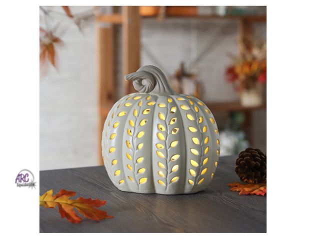 Lot 56-118424 - New Light-Up Ceramic Pumpkin Tabletop Decoration, Cream, 8", Harvest by Way To Celebrate