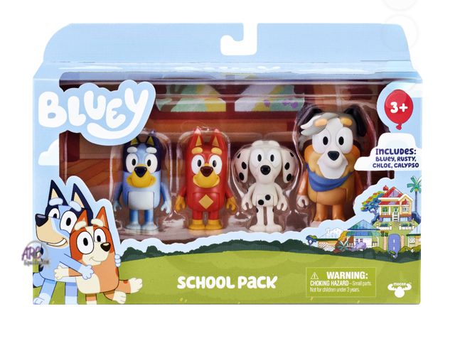 Lot 56-314930 - New, Bluey School  Figure 4-Pack, with Calypso, Bluey, Chloe, Rusty Ages 3+, Toddler Toy