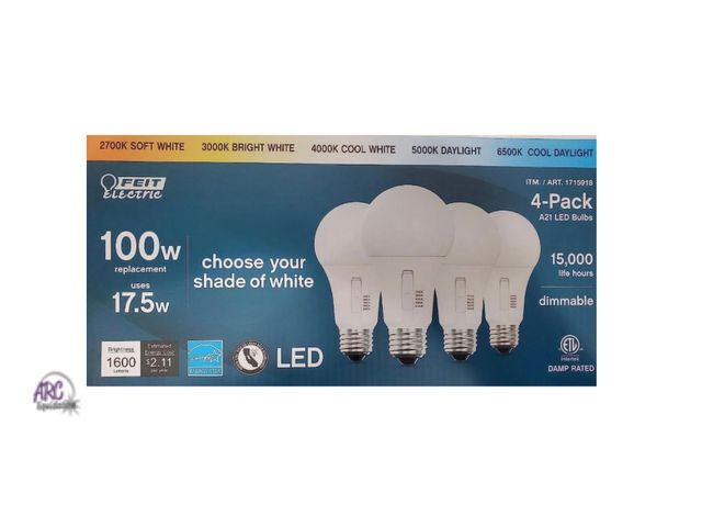 Lot 56-632750 - New Tested &amp; Works Feit Electric LED 17.5 w Light Bulbs, Dimmable (4 Pack)