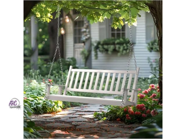 Lot 56-763161 - New in box. 5 ft. Wood Patio Porch Swing Outdoor With Chains and Curved Bench