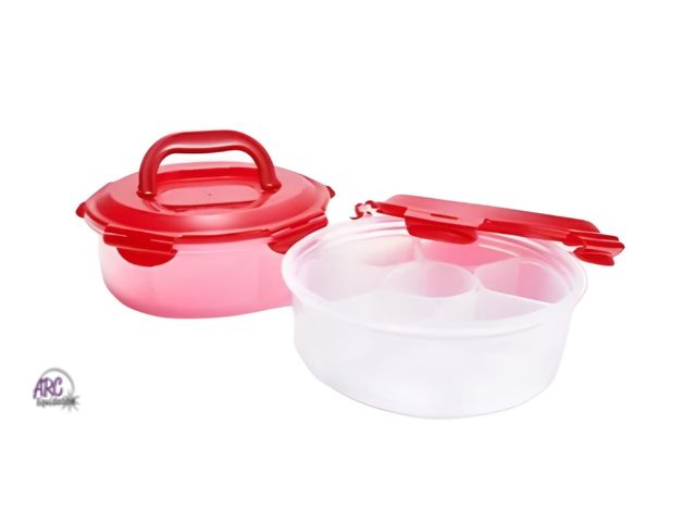 Lot 56-383612 - New,LocknLock S/2 Round Dessert &amp; Appetizer Trays w/ Handle Lids,Red lids