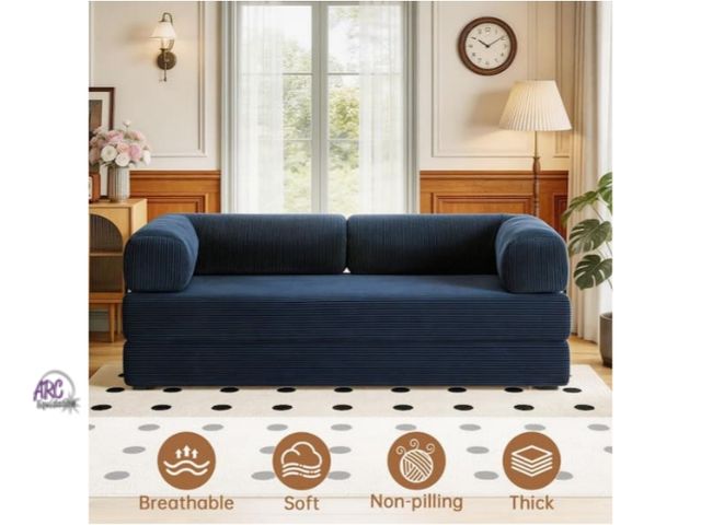 Lot 56-790565 - New. Retail $442. 78.8 in. Blue Corduroy Queen Size Convertible Sofa Bed with Adjustable cushion and...