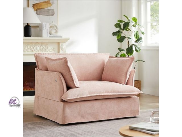 Lot 56-719345 - New in box. Over sized Pink Chenille Arm Chair with Dual-Port Charging and Throw Pillows. Retail $37...