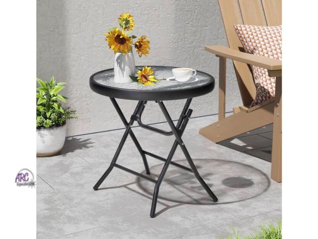 Lot 56-616261 - New Opened Box - Pellebant Patio Round 17.7 in. Glass Top Foldable Metal Outdoor Side Table in Black