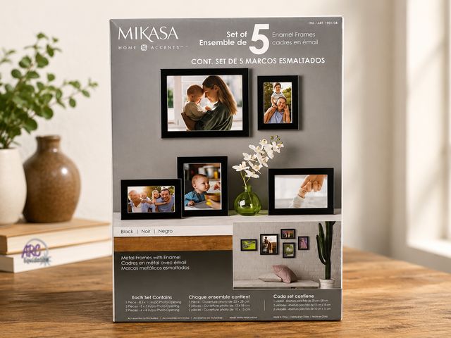 Lot 56-480464 - New Open Box - Mikasa Enamel Picture Frame Set of 5, Black/Silver, 8x10, 5x7, 4x6
