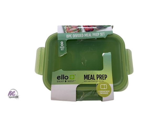Lot 56-407933 - New - Ello Snap &amp; Nest 8-piece plastic meal prep set 2 compartments  1-2 cup compartment