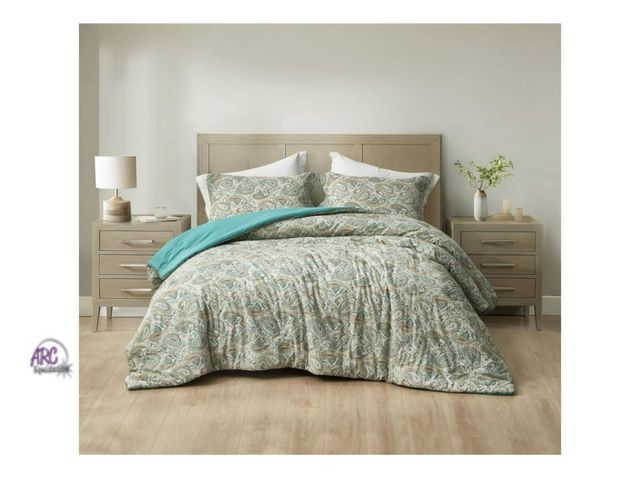 Lot 56-264124 - NEW Chezmoi Collection Presley 3-Piece Washed Cotton Comforter Set Full Size, Elegant Teal Ivory Bro...
