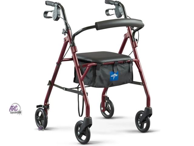 Lot 56-511710 - NEW-Medline Steel Rollator Walker with Seat, Burgundy, 350 lb. Weight Capacity, 6” Wheels, Foldable,...