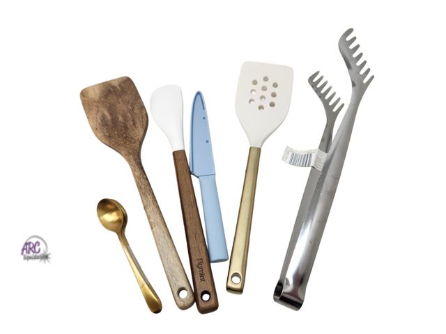 Lot 56-868134 - New - Lot of Kitchen Utensils - Includes x1 set of 3 gold tea spoons, x1 wooden turner, x1 blue knif...