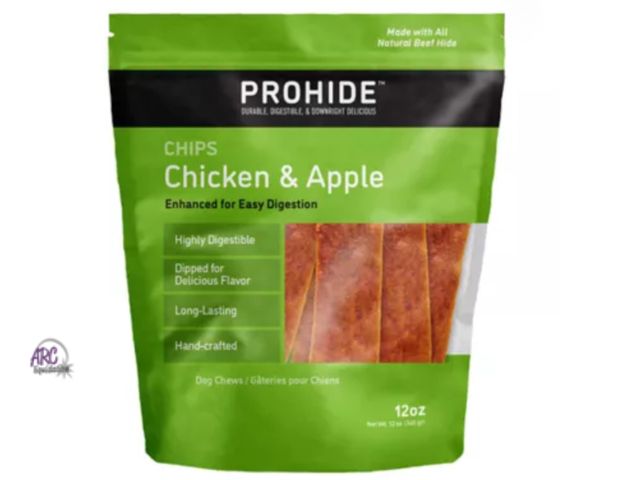 Lot 56-356564 - New ProHide Highly Digestible Raw Hide Adult Dog Chews - Chicken &amp; Apple Chips Expires 11/28