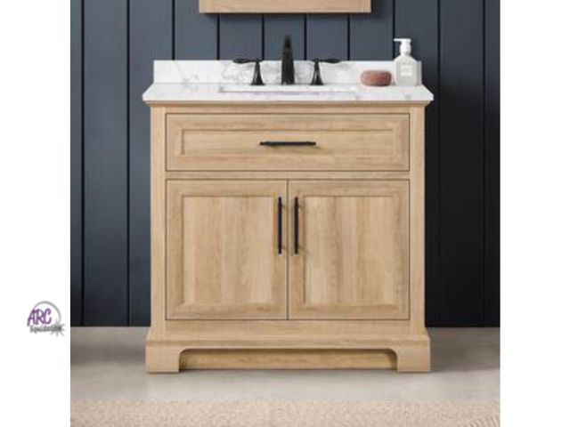 Lot 56-276351 - New Doveton 36 in. Single Sink Freestanding Weathered Tan Bath Vanity with White Engineered Marble T...