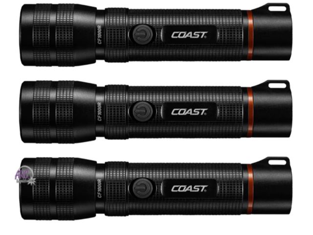 Lot 56-185117 - New Lot of 3 COAST Products CF1000R Lumen High Performance Alkaline or Lithium Ion Battery, waterpro...