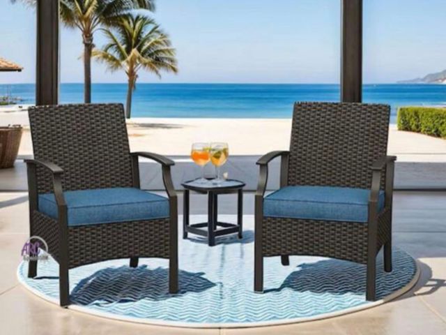 Lot 56-609260 - New In Box - Black Wicker Outdoor Lounge Chair Patio Dining Chair with Blue Cushion (2-Pack) Retails...