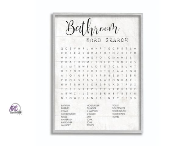 Lot 56-730317 - New "Bathroom Word Search Fun Family" by Daphne Polselli Framed Abstract Wall Art 20 in. x 16 in.