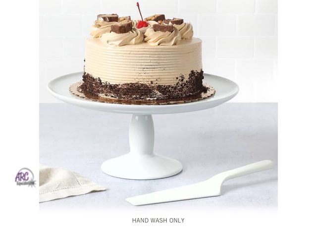 Lot 56-220718 - NEW OPEN BOX Martha Stewart 12" x 5.7" Stoneware Cake Stand With Server - White