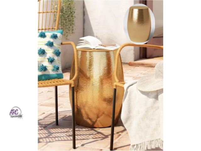 Lot 56-714215 - New in box. Hammered Metal Storage Patio Accent Table - Threshold Retail $100 Barrel-shaped patio ac...