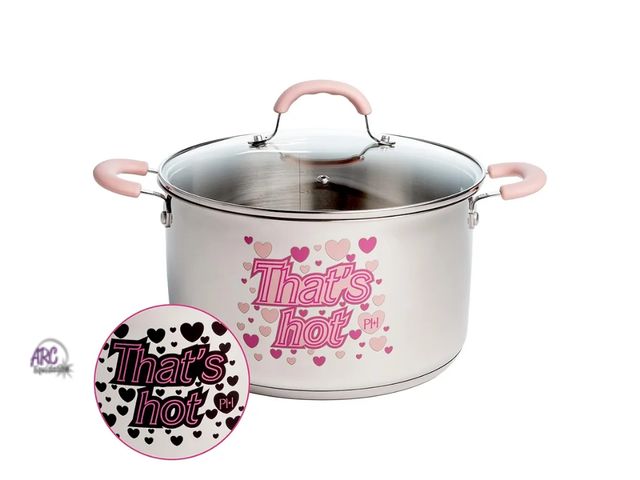 Lot 56-739018 - New in nox. Paris Hilton Stainless Steel Stock Pot with Iconic Color Changing "That's Hot" Heat Indi...