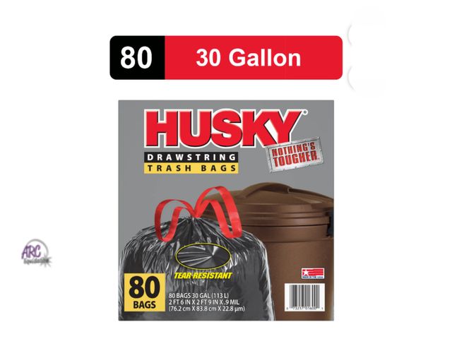 Lot 56-613624 - New Husky 30 Gallon Large Drawstring Trash Bags, 80 Bags