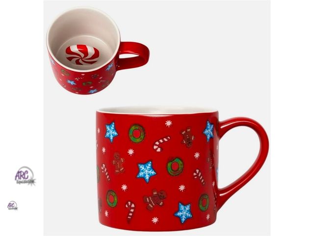 Lot 56-321930 - New,  Set of 6, Wondershop Christmas Mugs Red Design Peppermint Inside