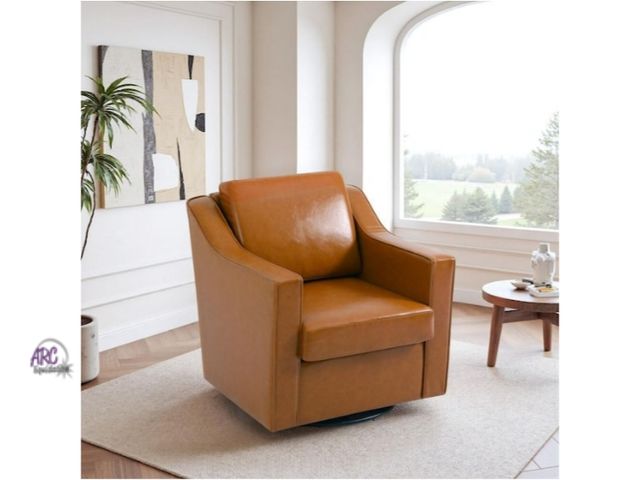 Lot 56-771551 - New in box. Light Brown Faux Leather Upholstered Swivel Accent Barrel Chair