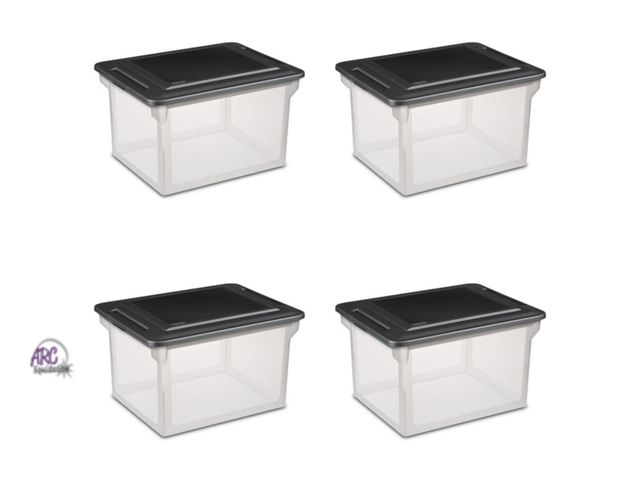 Lot 56-262824 - NEW (small crack in one lid see photos) Sterilite File Box, Clear Plastic Bin with Black Lid, Letter...