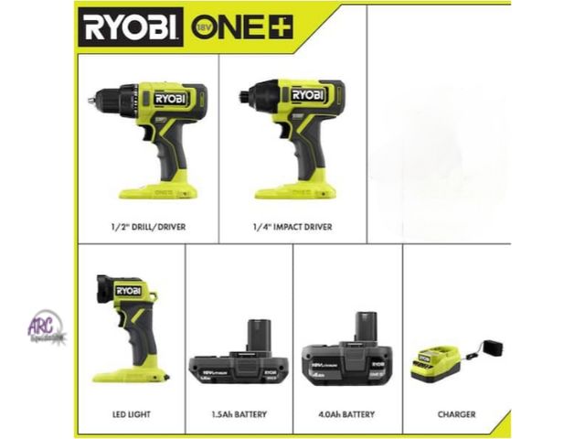 Lot 56-569919 - NEW-MISSING SAW-TESTED-RYOBI 18-Volt ONE+ Lithium 18v 4-tool combo kit-includes 1/2" drill/driver, 1...
