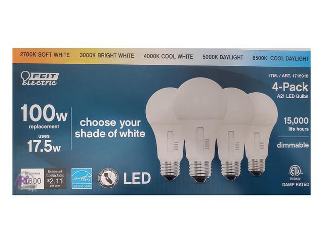 Lot 56-446360 - New Open Box - Tested &amp; Works -  (4-Pack) 17.5W (100W Replacement) Selectable Color A21 E26 Base...