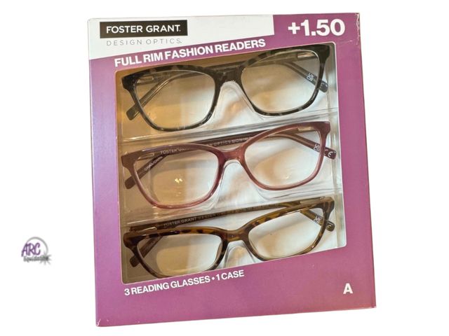 Lot 56-363297 - New/Box Damage Foster Grant Design Optics, Fashion Reading Glasses, +1.50 3 Pairs and 1 Case
