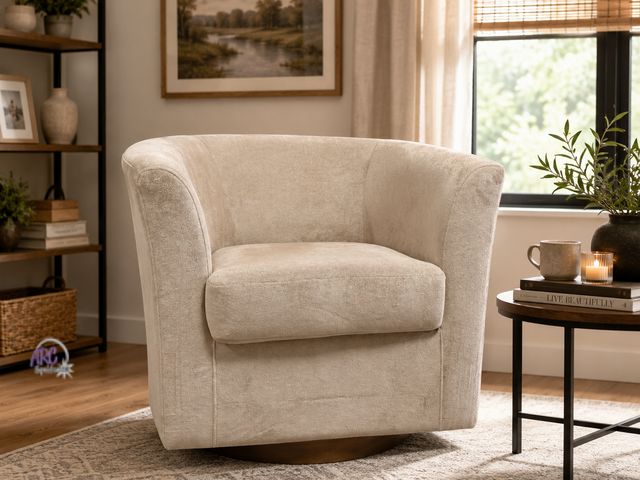 Lot 56-635264 - New Out of Box - Modern Cream Barrel Accent Chair With Wood Swivel Base. Missing a couple glides see...