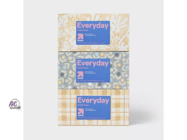 Lot 56-486613 - NEW-DESIGNS MAY VARY- DAMAGED BOX-Everyday Facial Tissue - up&amp;up™-6 COUNT 160 SHEETS PER BOX